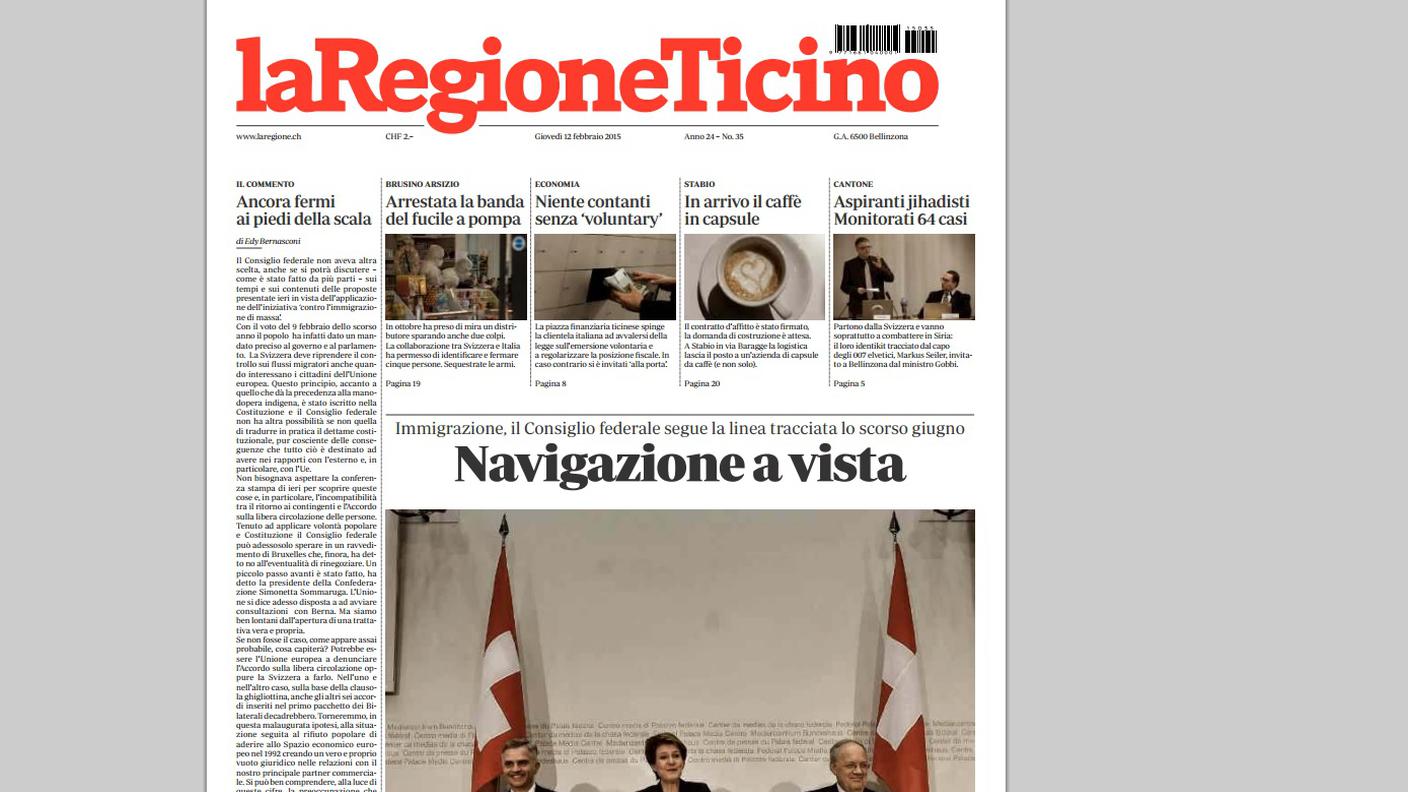 La prima pagina del Corriere de La Regione Ticino