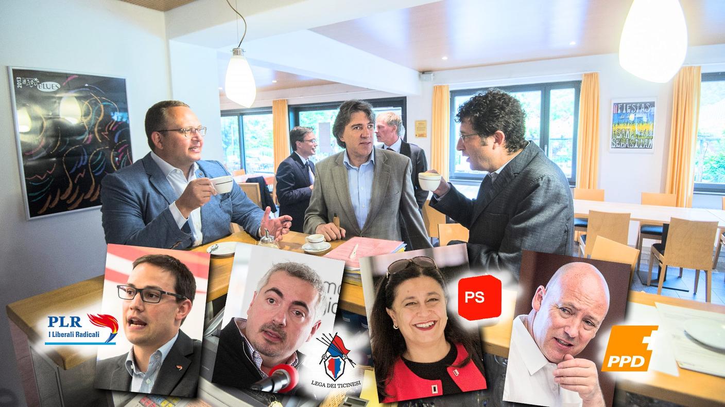 Il Governo in conclave; nelle foto piccole, Alex Farinelli, Daniele Caverzasio, Pelin Kandemir Bordoli e Fiorenzo Dadò.