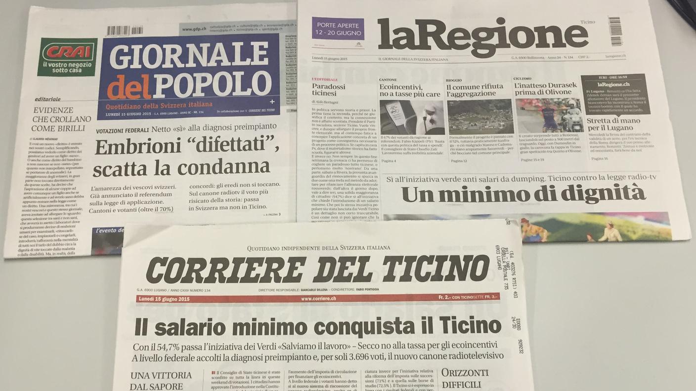 Le prime pagine dei quotidiani ticinesi all'indomani del voto