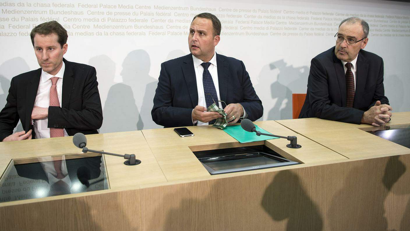 I tre candidati UDC, da sinistra: Thomas Aeschi, Norman Gobbi e Guy Parmelin