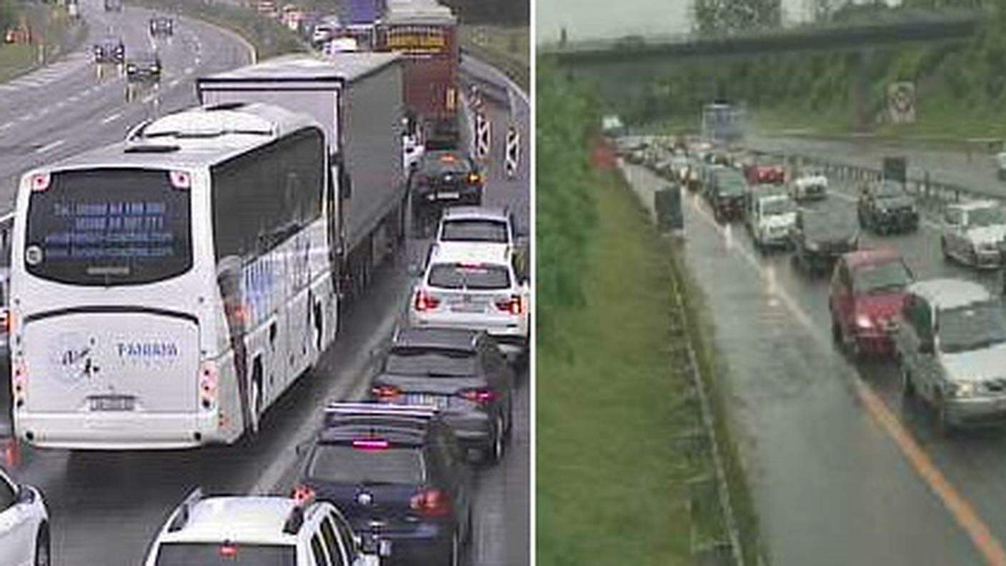 Due immagini del traffico lunedi mattina sull'A2 tra Chiasso e Lugano
