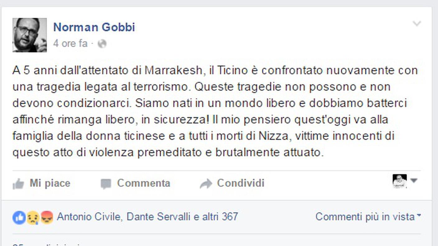 Strage di Nizza, il pensiero del consigliere di Stato ticinese Norman Gobbi (clicca sull'immagine per ingrandirla)