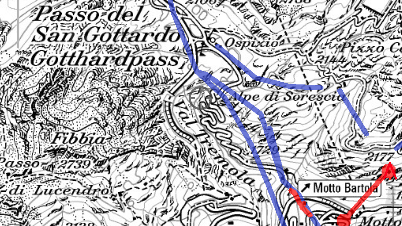 La zona del San Gottardo come si presenta sull'app Swiss map mobile