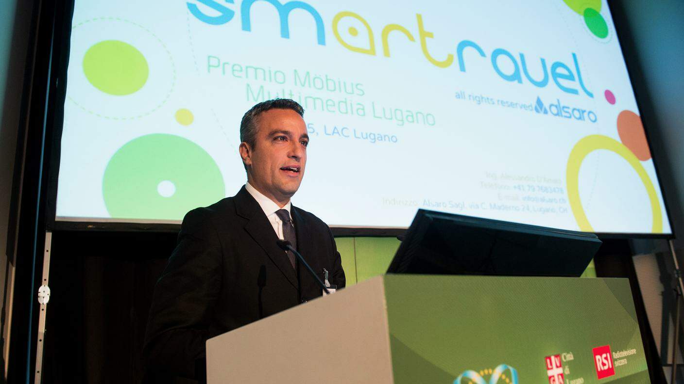 Alessandro D'Amato, già vincitore nel 2015 del premio Moebius Multimedia Lugano, qui durante la cerimonia dello scorso anno