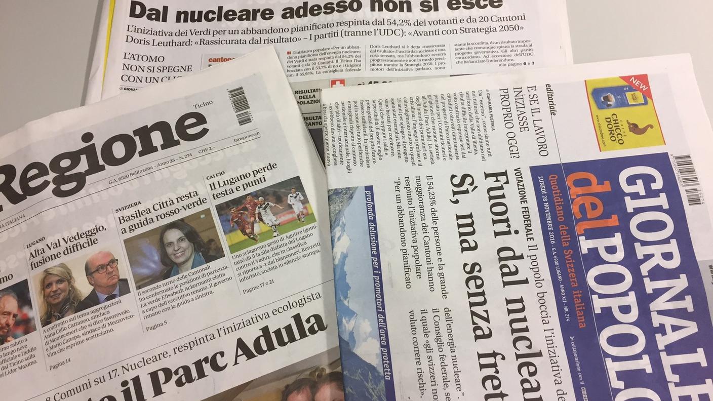 Le prime pagine dei quotidiani ticinesi di lunedì 28 novembre