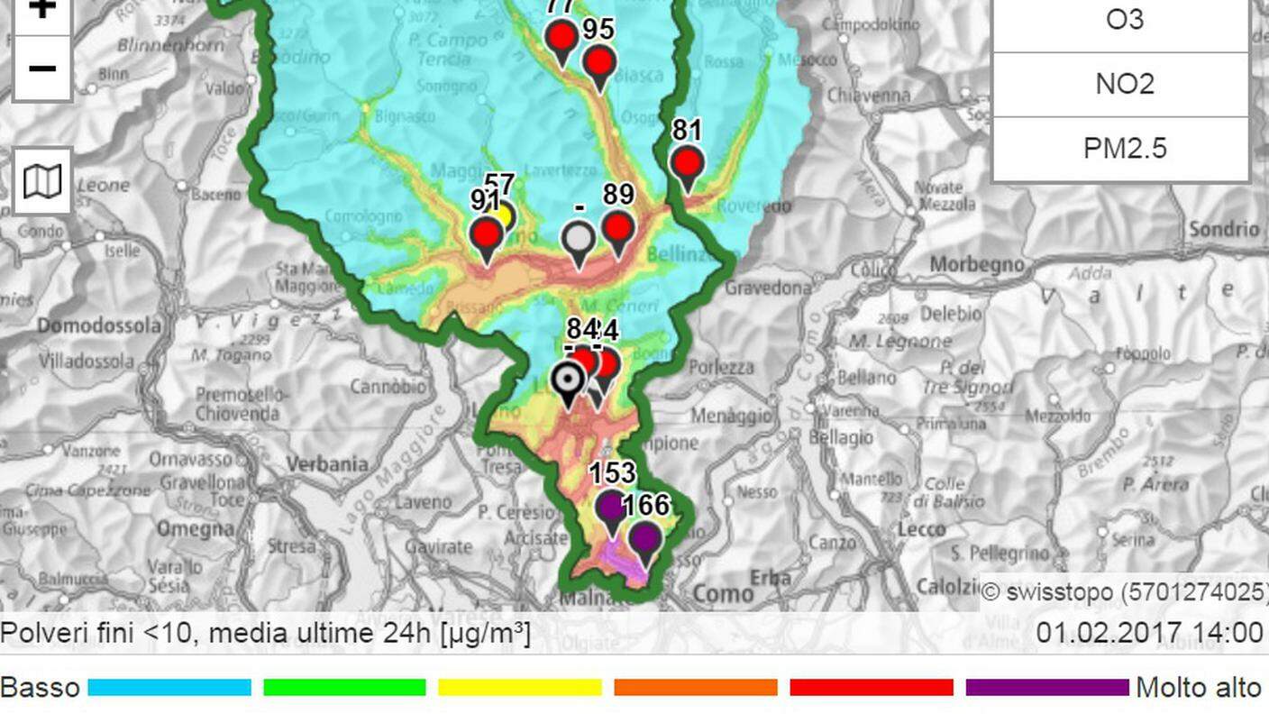 Inquinanti ancora oltre la soglia nella Svizzera italiana (clicca sull'immagine per ingrandirla)