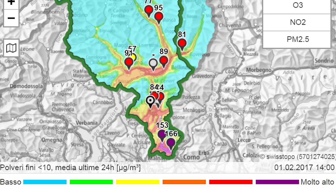 Inquinanti ancora oltre la soglia nella Svizzera italiana (clicca sull'immagine per ingrandirla)