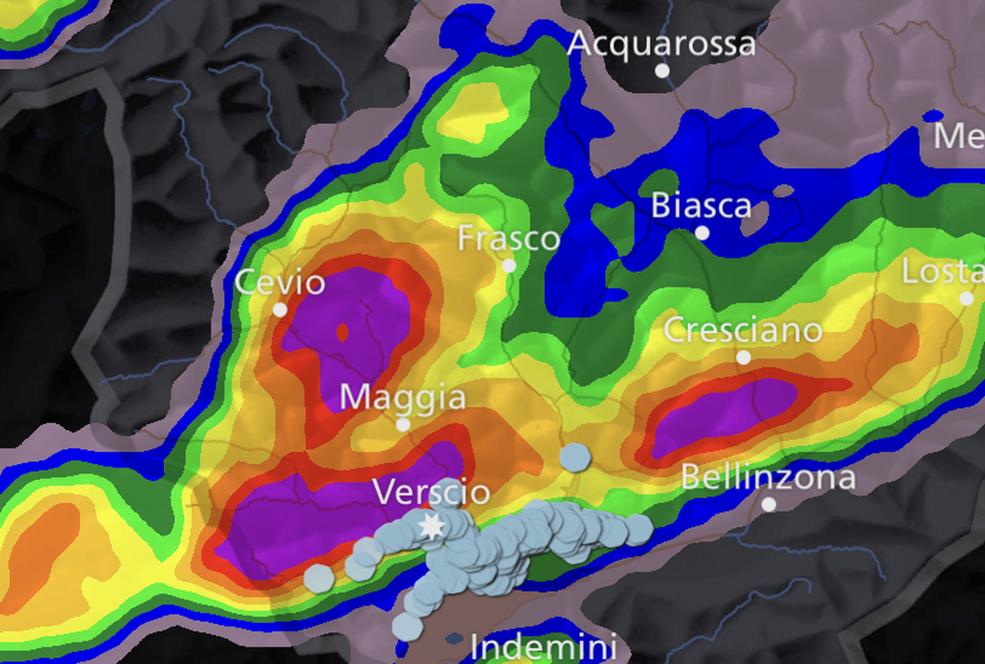 Nella rappresentazione di Meteo Svizzera, l'impatto della grandinata sul Locarnese