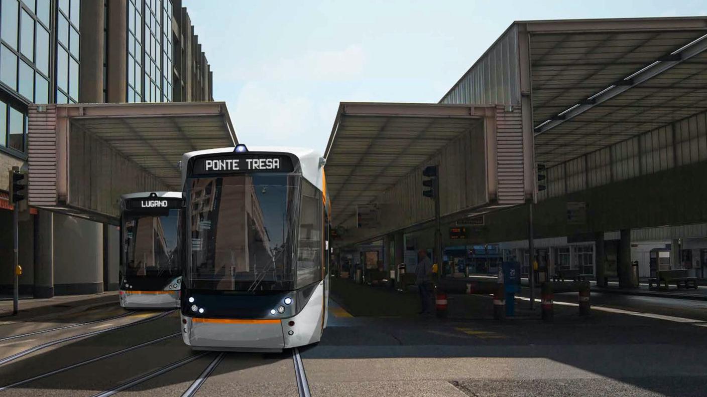 L'arrivo del tram-treno in centro a Lugano