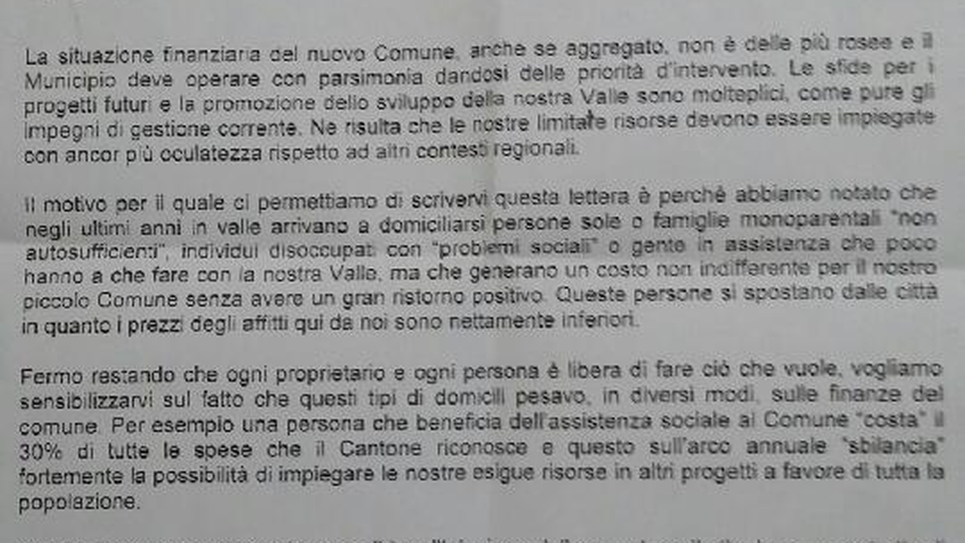 La lettera del Municipio di Onsernone (clicca sull'immagine per ingrandirla)