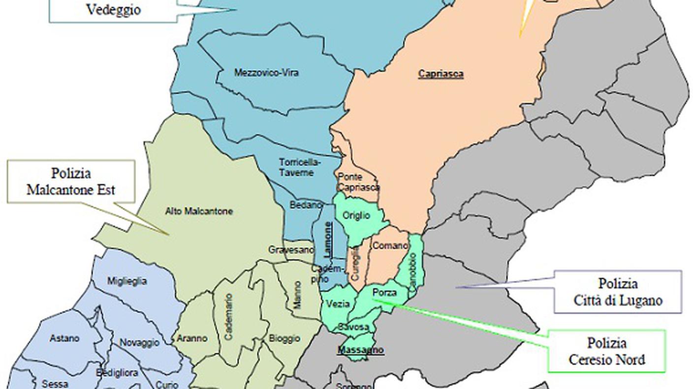 La mappa delle zone di competenza delle otto polizie del Luganese