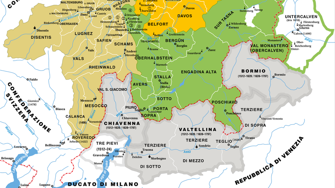 I territori delle Tre Leghe fino al 1797: in grigio i territori sudditi dal 1512