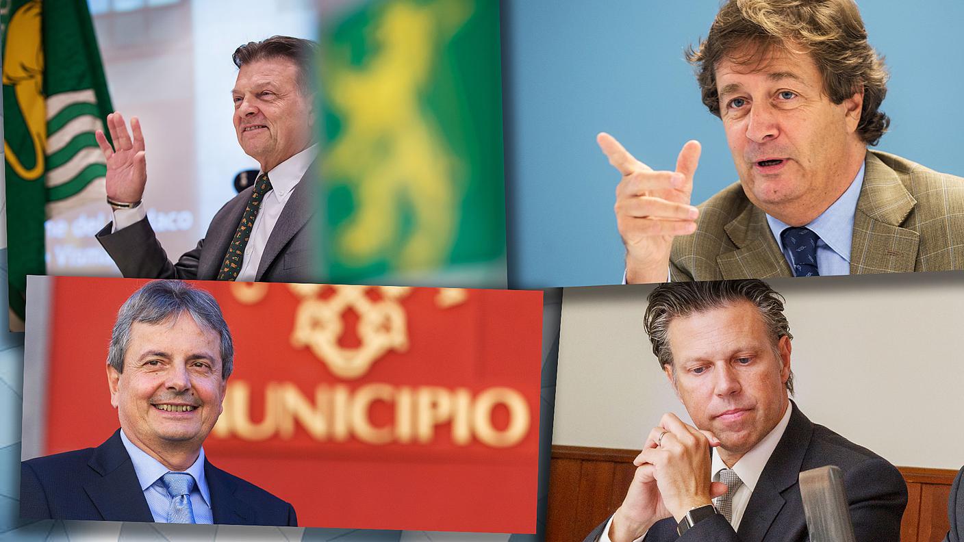 da sinistra a destra, dall'alto in basso: Ettore Vismara, sindaco di Paradiso; Giovanni Bruschetti, di Massagno; Luca Pissoglio, di Ascona; Alain Scherrer, di Locarno