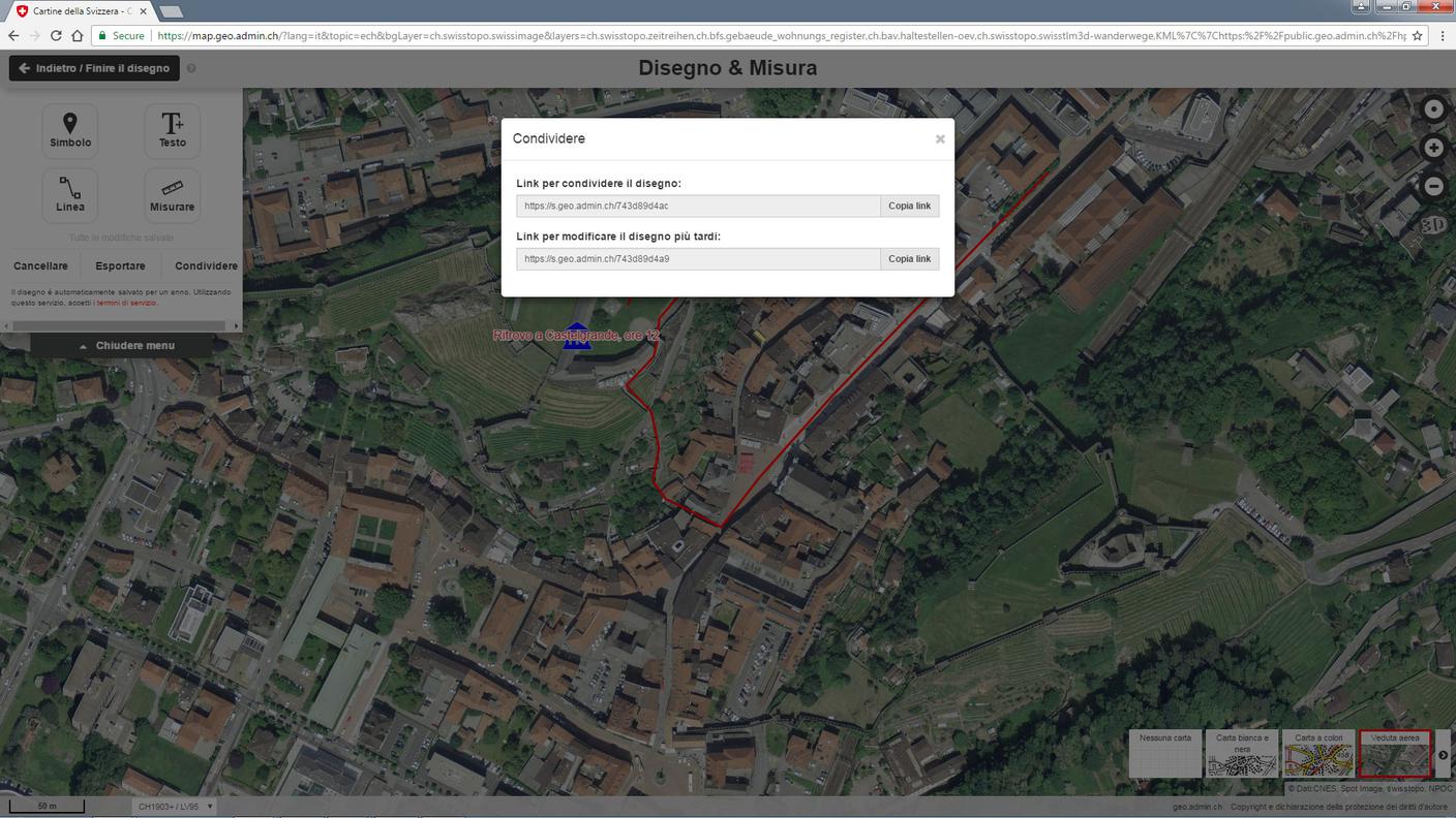 Cliccando «Condividere» si ottengono due link: uno pubblico e un secondo che permette di aggiornare e modificare la propria mappa personalizzata in un secondo tempo