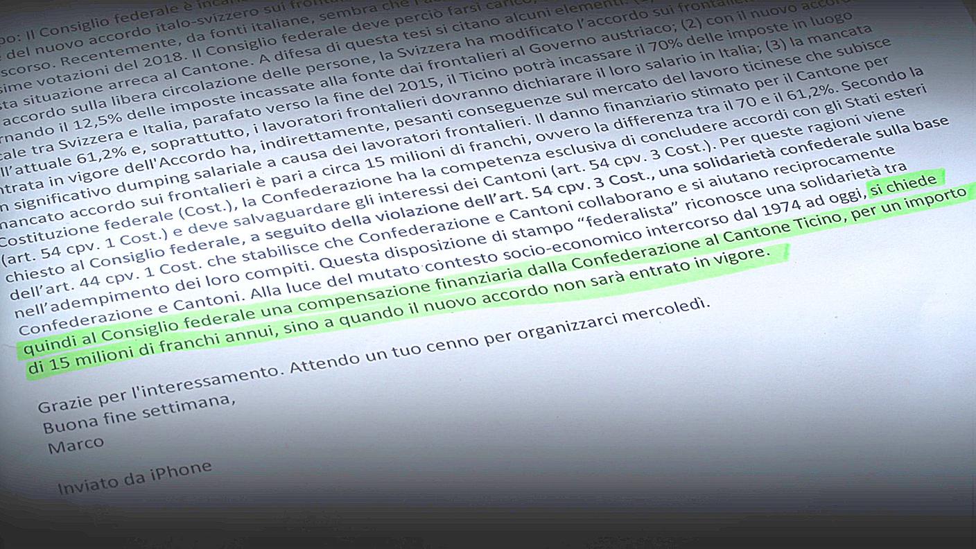 Il nuovo accordo prevede che il Ticino incassi il 70% delle imposte sui frontalieri, rispetto all'attuale 61,2%
