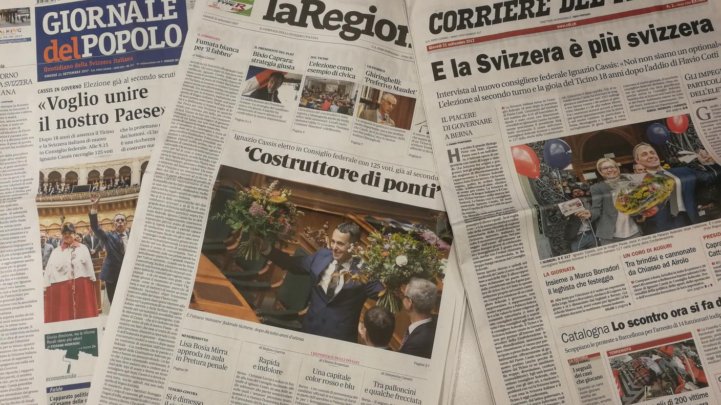 Le prime pagine dei quotidiani ticinesi sull'elezione di Cassis