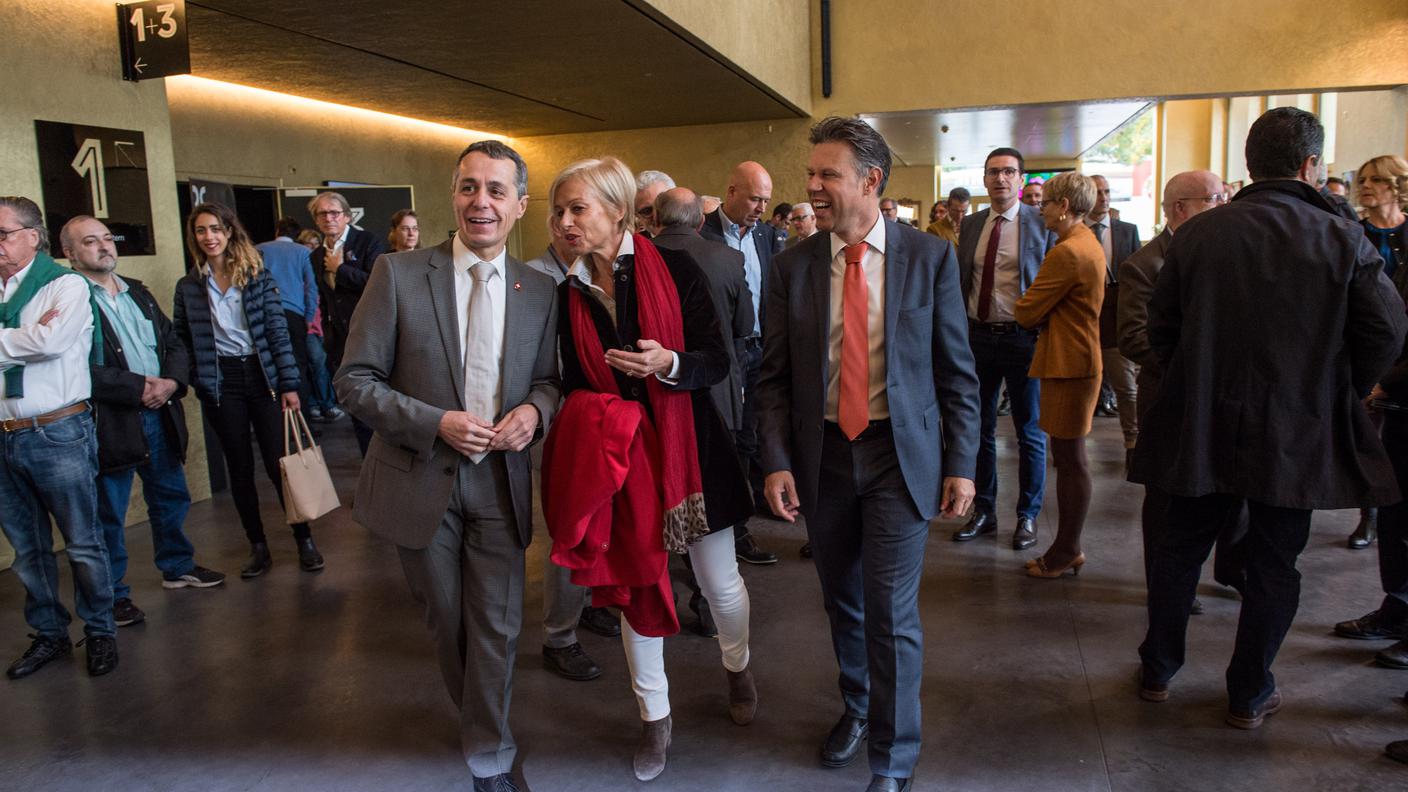 Il consigliere federale Ignazio Cassis, l'ex sindaca di Locarno e presidente della Palacinema SA Carla Speziali e l'attuale sindaco Alain Scherrer