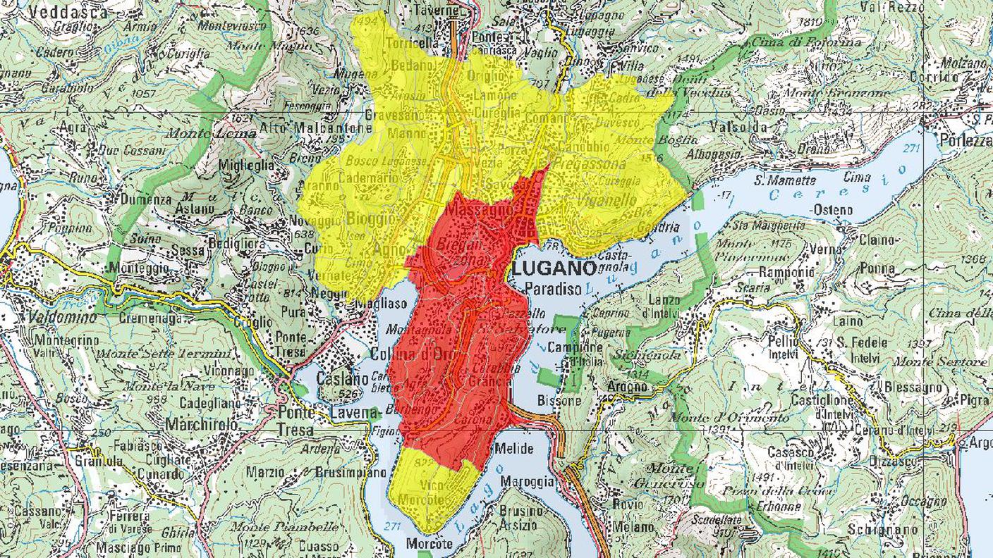 La zona di protezione (rosso) e quella di sorveglianza (giallo)