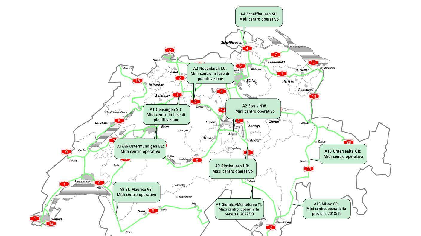 L'ubicazione dei centri di controllo sulla rete autostradale svizzera