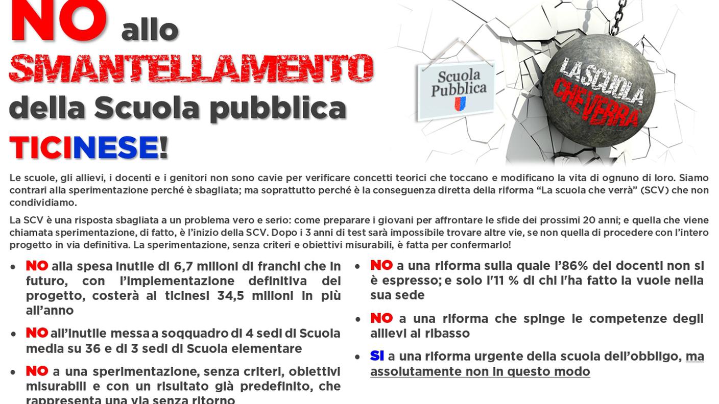 Il volantino legato alla raccolta di firme contro la riforma "La scuola che verrà"