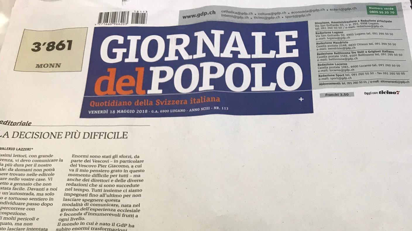 La prima pagina dell'ultima edizione del Giornale del Popolo di venerdì