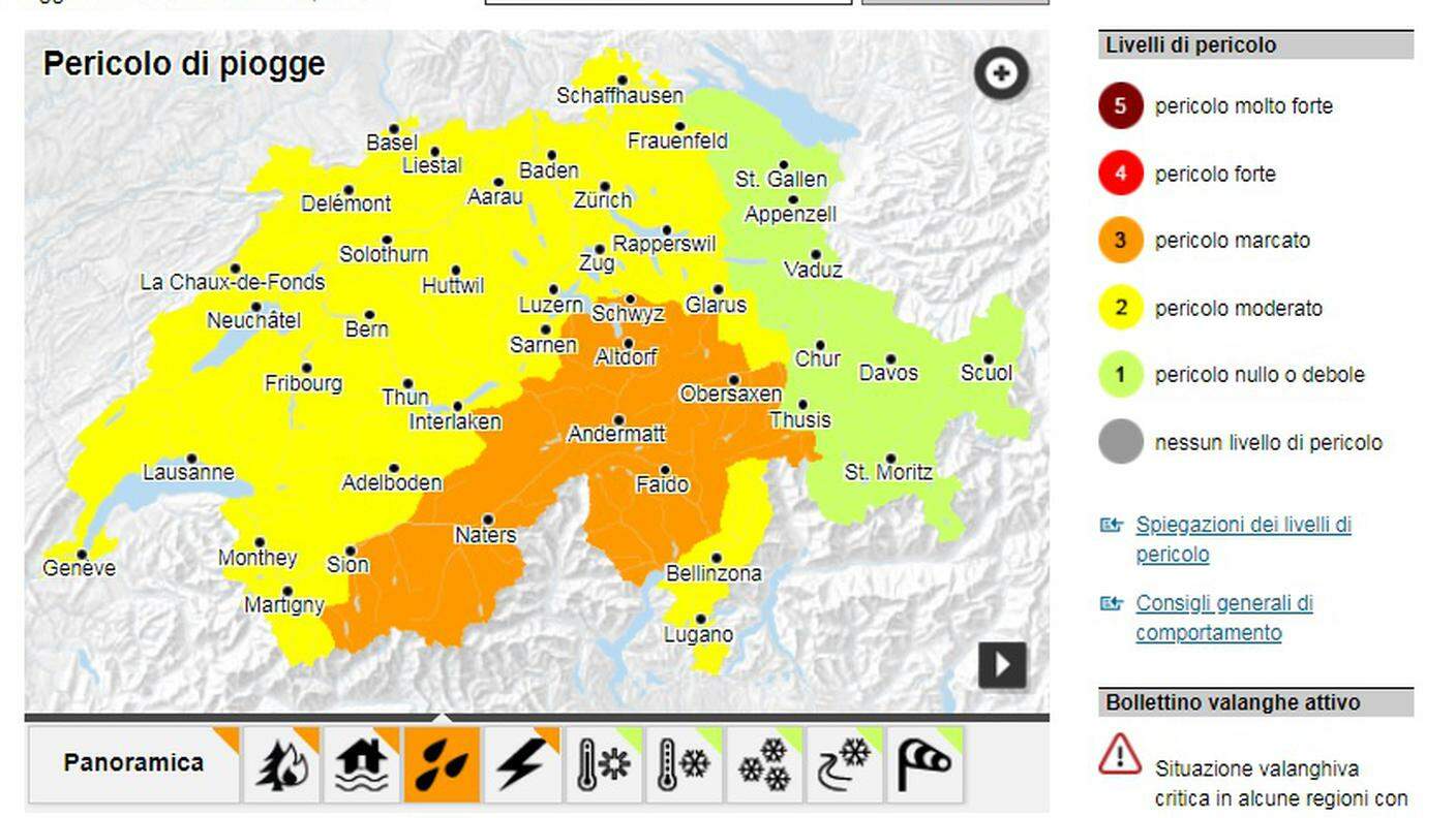 Pericolo marcato per le piogge a sud delle Alpi (clicca sull'immagine per ingrandirla)