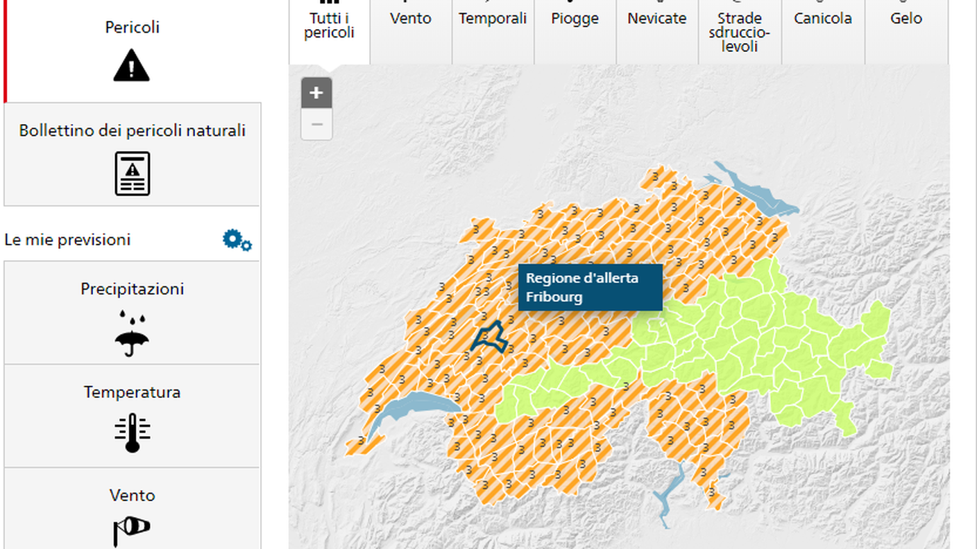 Le zone dove sono previsti temporali, in arancione
