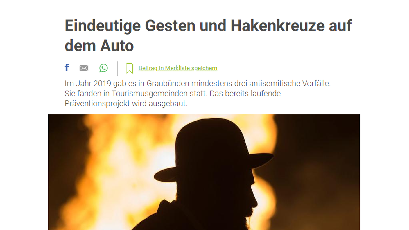 Dei 38 casi di antisemitismo fuori dall'internet censiti in svizzera nel 2019, tre - gravi - si sono svolti nei Grigioni