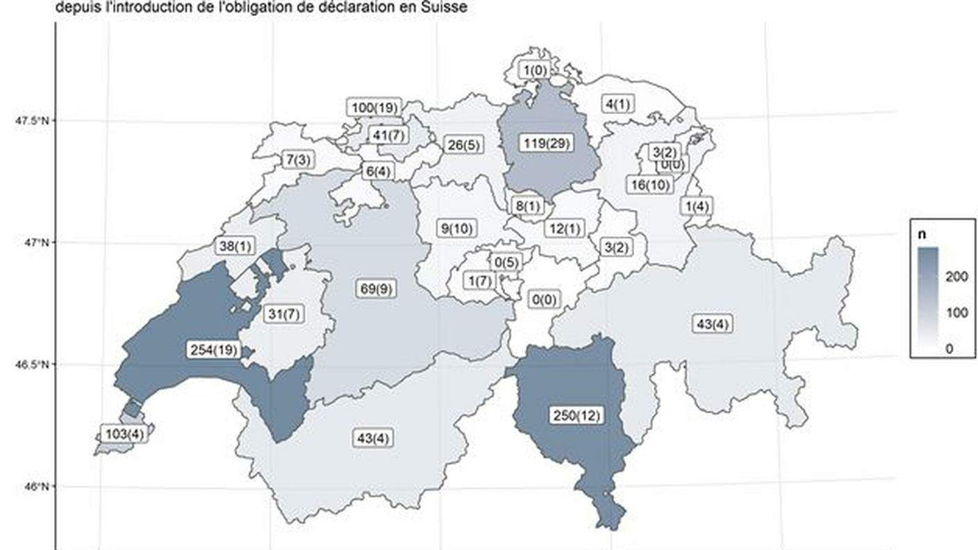La cartina dei contagi confermati dall'UFSP nei vari cantoni