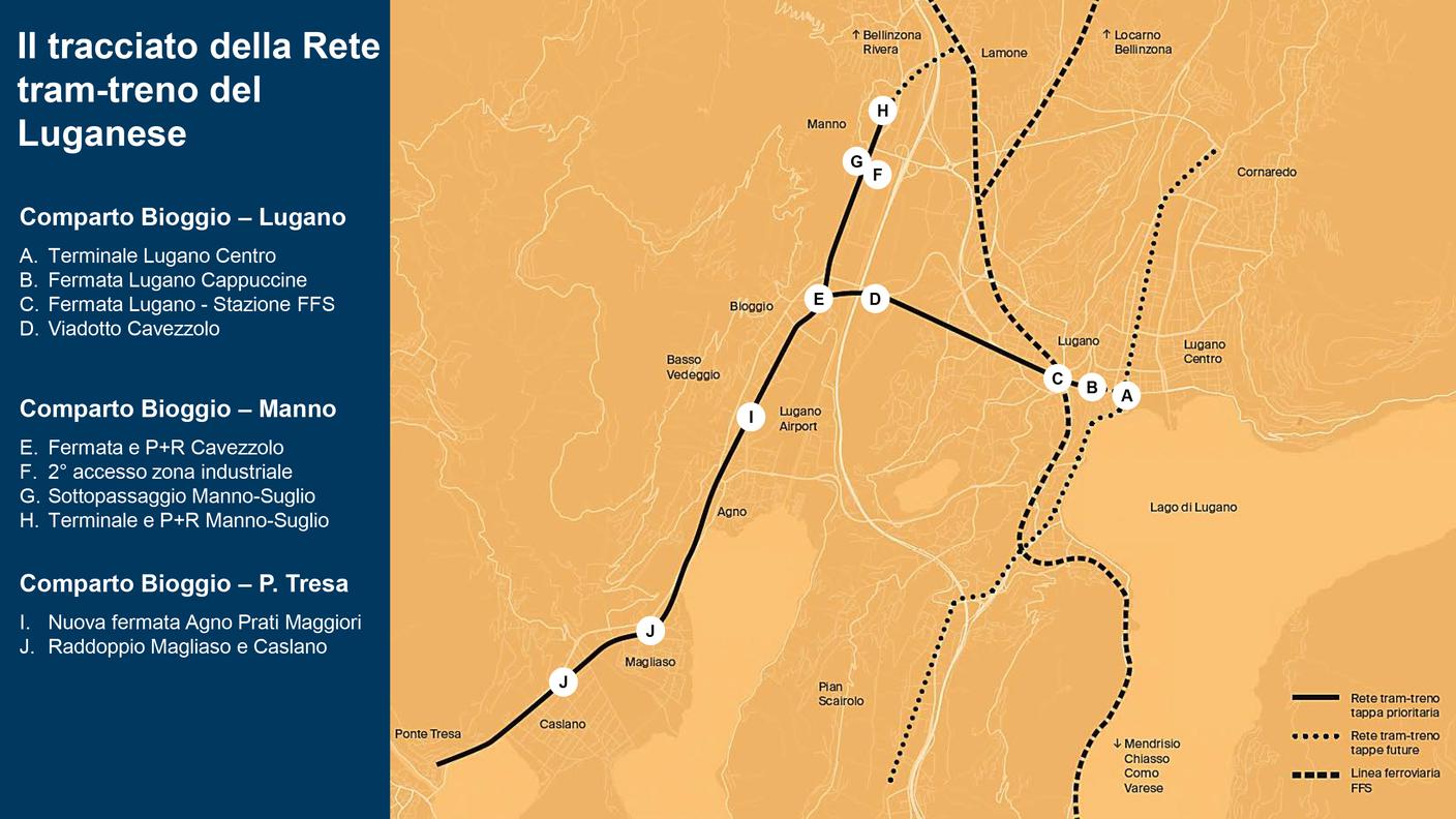 Lo schema della Rete tram-treno del Luganese