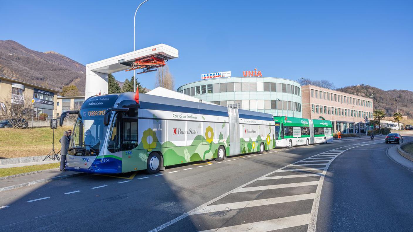 I bus al capolinea, dove è visibile il pantografo