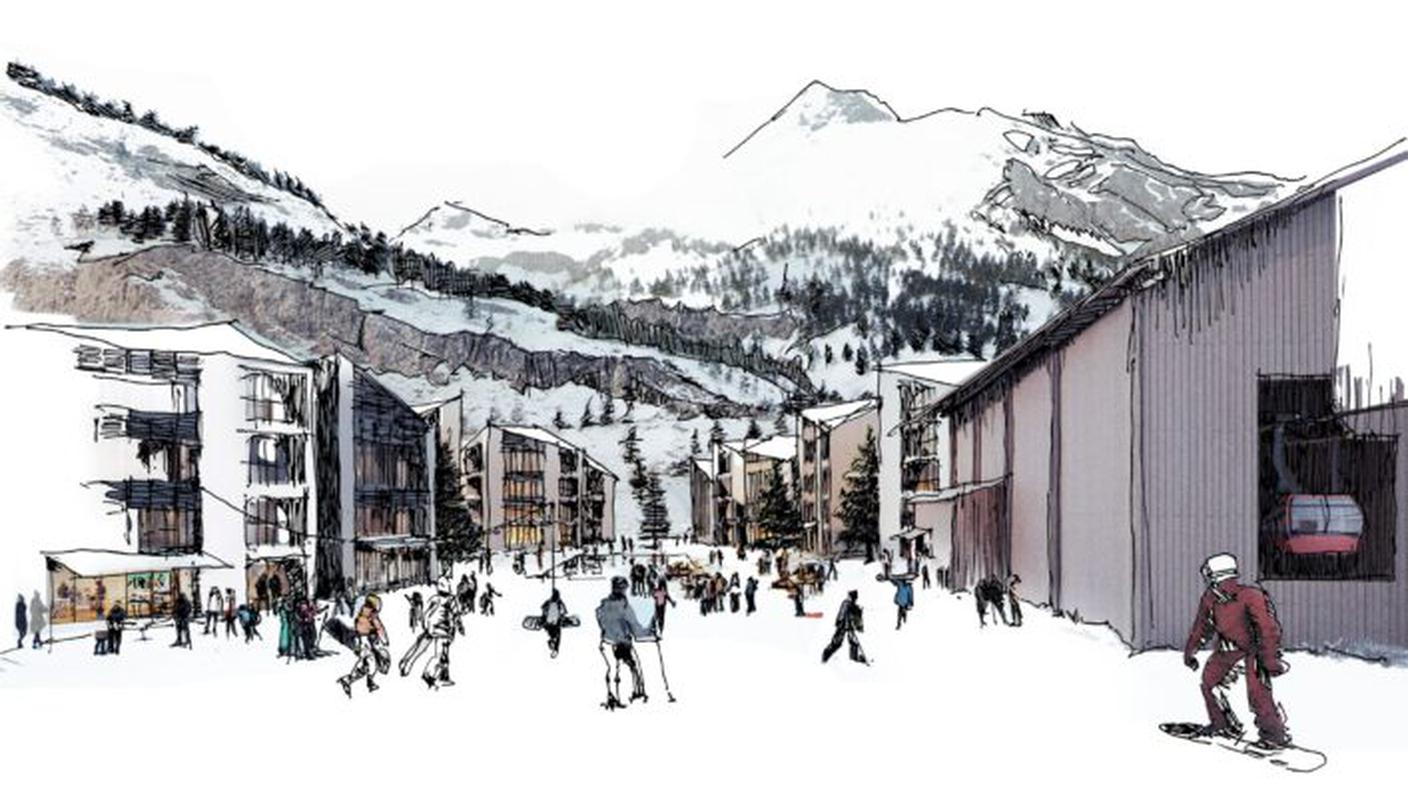 Un'illustrazione di come dovrebbe apparire la zona adiacente alla partenza degli impianti sciistici