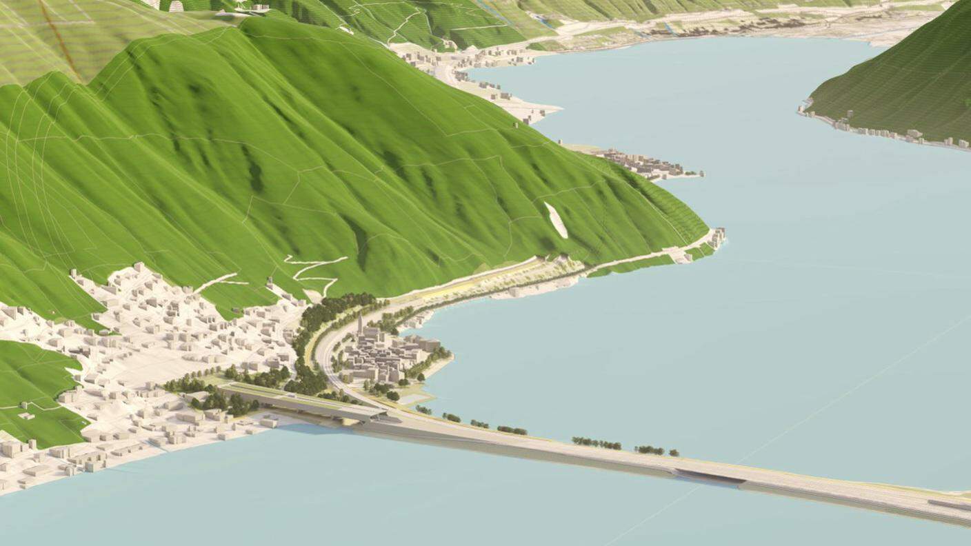 Ecco come potrebbe presentarsi il Ponte diga di Melide con il portale  delle nuove gallerie per la circonvallazione tra Bissone e Maroggia