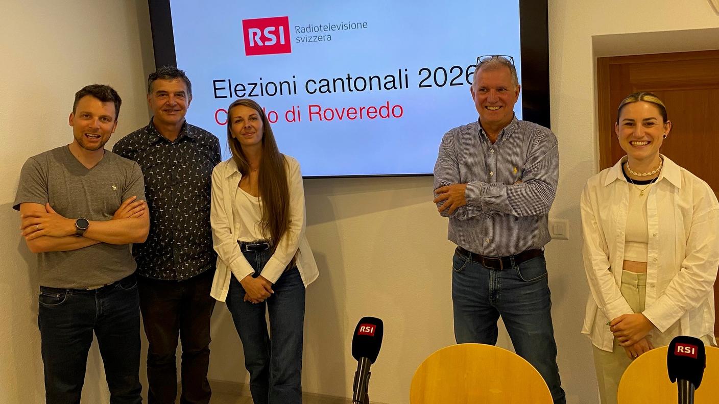 I partecipanti al dibattito: l'uscente Samuele Censi, Paolo Paganetti, l'uscente Eleonora Righetti, Romano Losa e Leda Ramelli