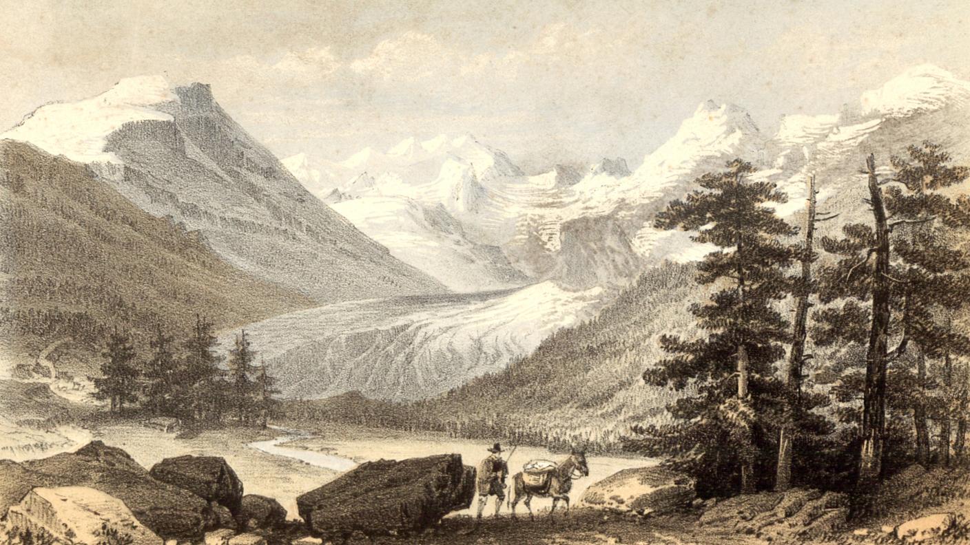 Piz Bernina e il ghiacciaio del Morteratsch, nel Cantone dei Grigioni. Litografia firmata “Hanhart lith.”, utilizzata come frontespizio dell’opera di Jane Quintin Freshfield A Summer Tour in the Grisons and Italian Valleys of the Bernina.