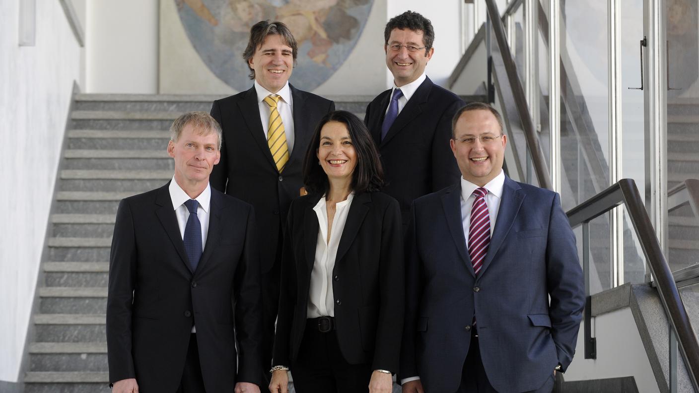 Da sinistra: Claudio Zali, Manuele Bertoli, Laura Sadis, Paolo Beltraminelli e Norman Gobbi