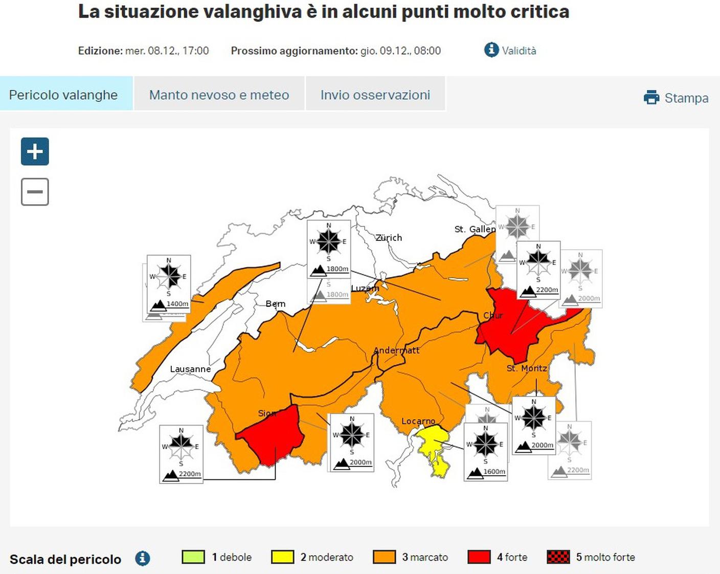 Il bollettino valanghe aggiornato alle 17.00 del 08.12.2021