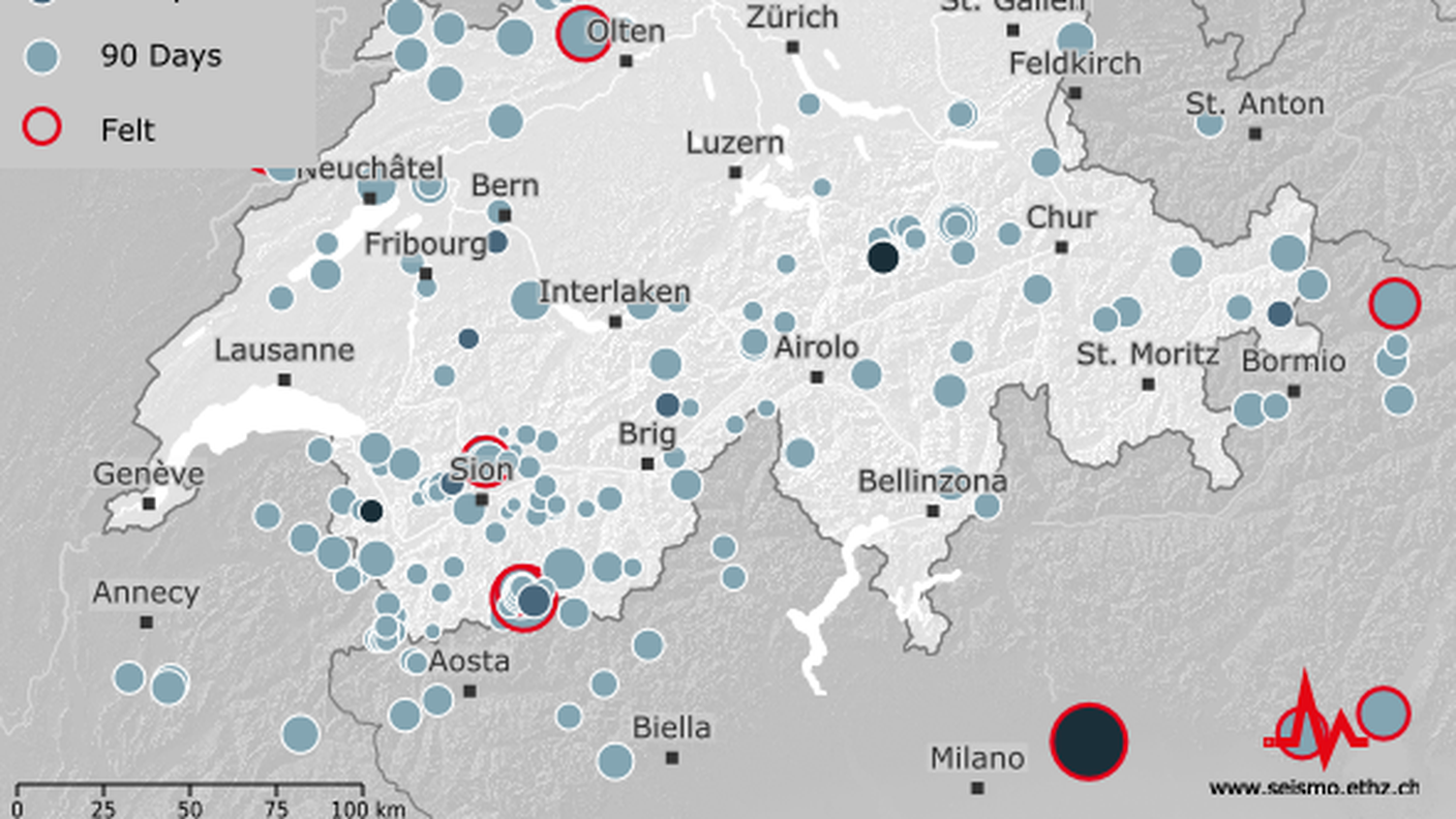 La cartina degli ultimi terremoti percepiti in Svizzera