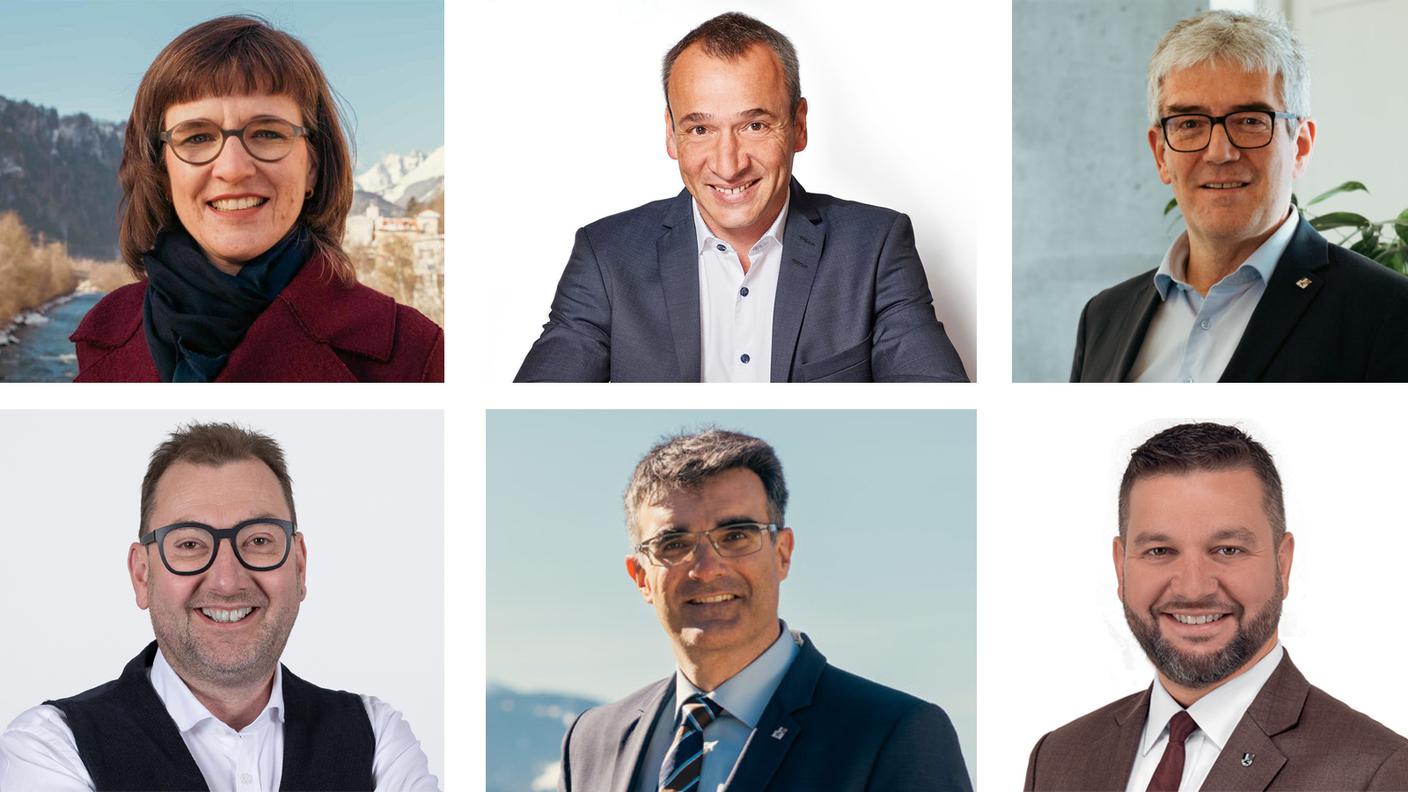 I sei candidati al Governo presentati dai partiti. Sopra: Carmelia Maissen (Centro), Martin Buehler (PLR) e Jon Domenic Parolini  (Centro). Sotto: Peter Peyer (PS-Verdi), Marcus Caduff (Centro) e Roman Hug (UDC)