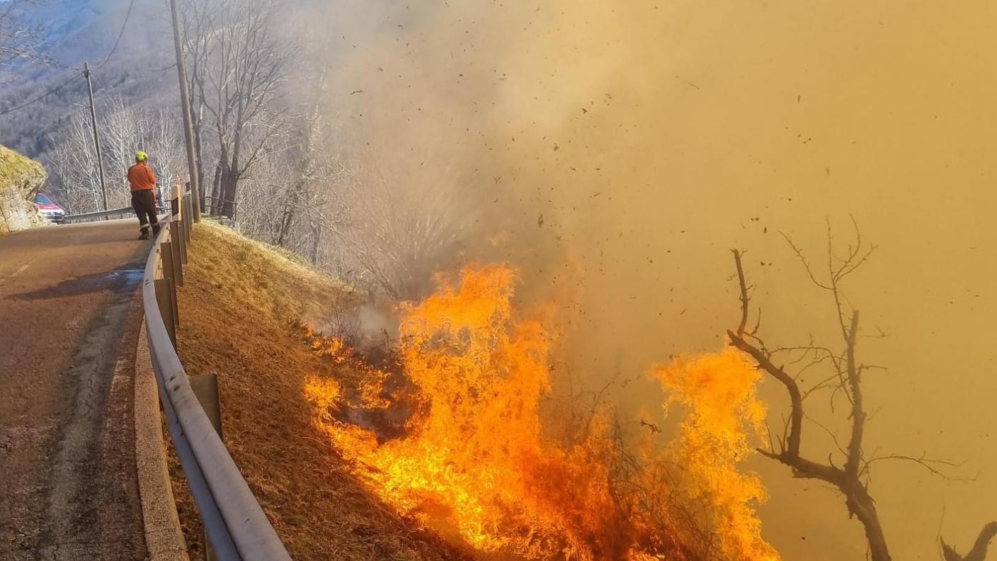 Le fiamme lambiscono la carreggiata stradale