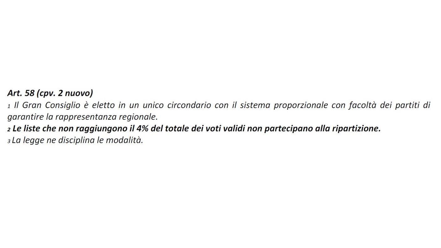 L'art. 58 della Costituzione cantonale diventerebbe cosi