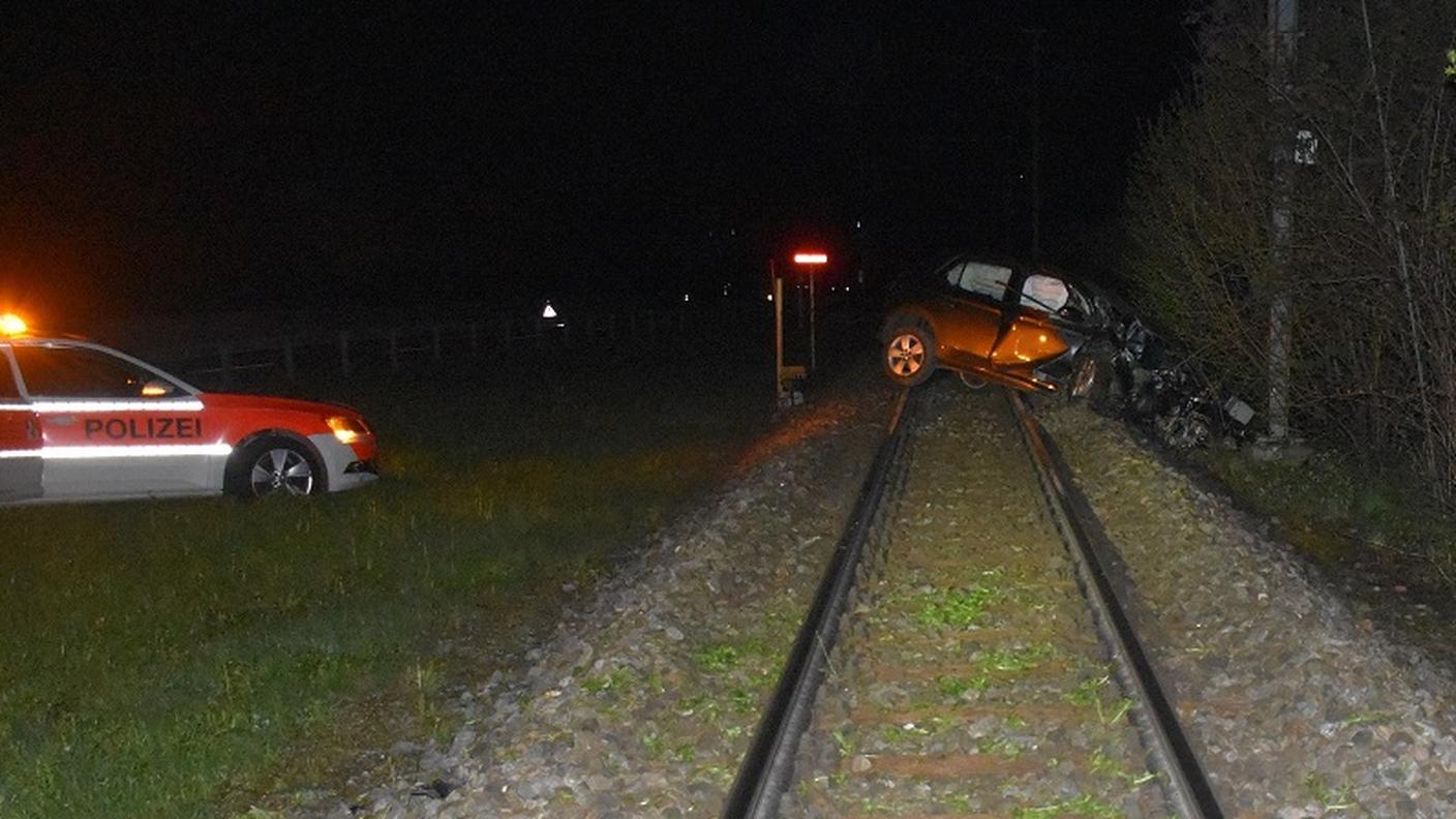 L'auto distrutta ferma sui binari