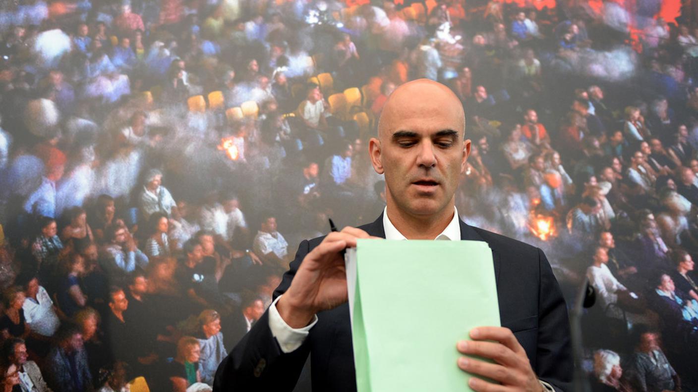 Alain Berset a Locarno durante la conferenza stampa dell'Ufficio federale della cultura