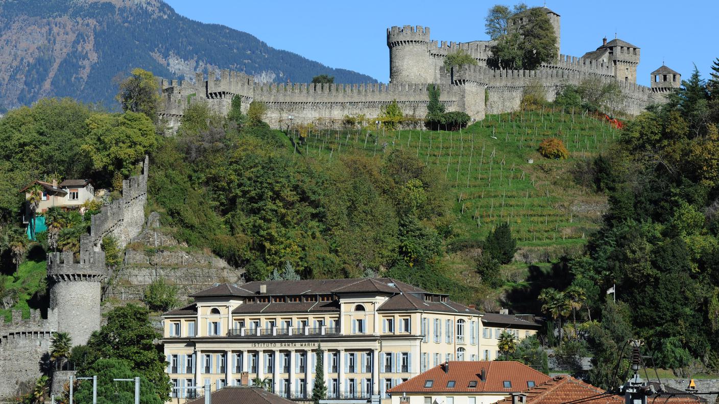 Il castello Montebello a Bellinzona. Sotto a sinistra l'attuale linea ferroviaria.