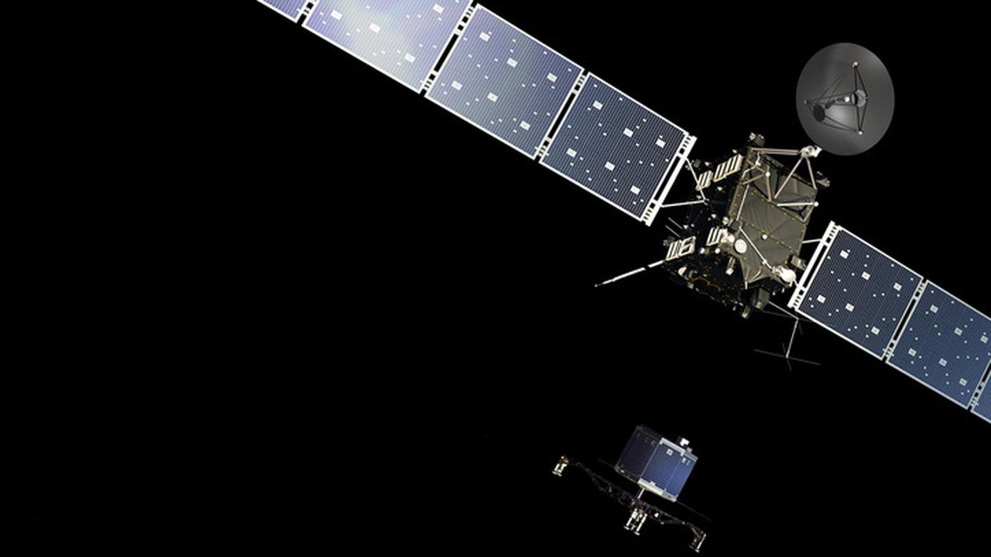 La sonda Rosetta e il piccolo Philae in una ricostruzione fotografica dell'ESA