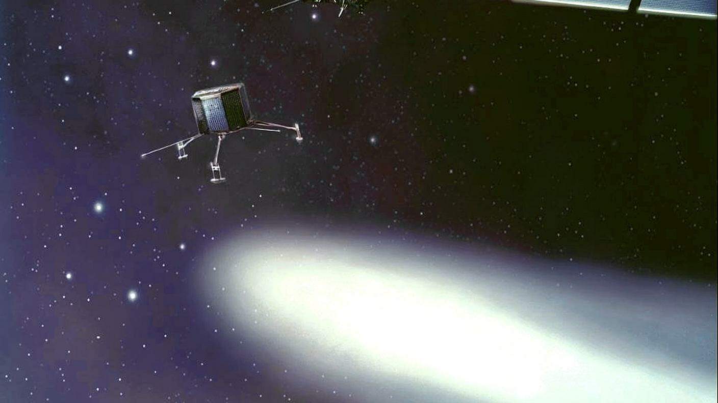 Un rendering mostra la sonda Rosetta e il suo lander vicino alla cometa 46P/Wirtanen
