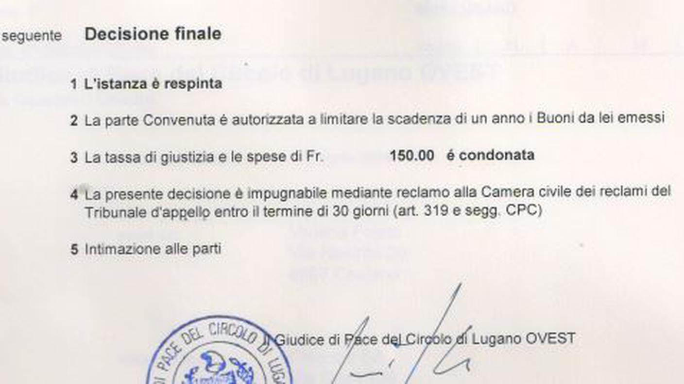 Sentenza buoni regalo parziale