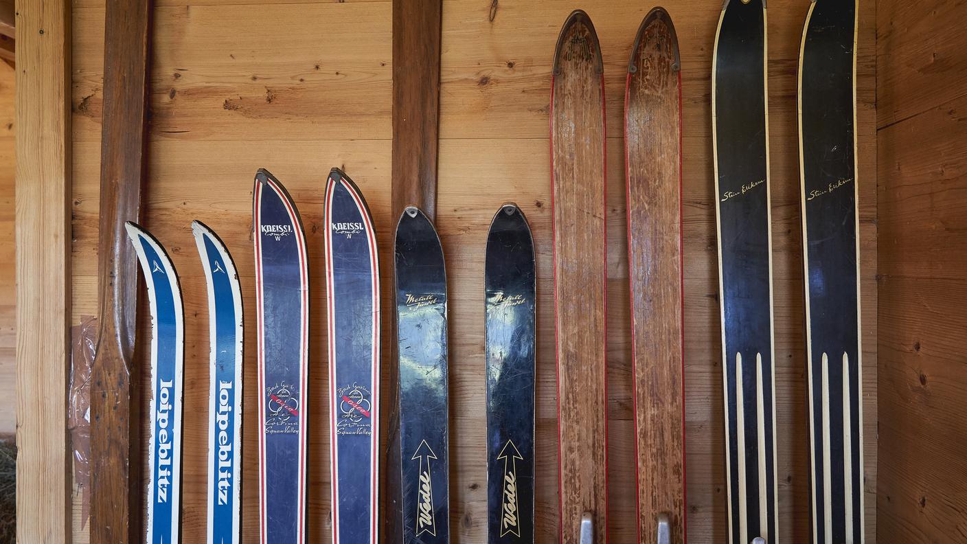 iStock-Vintage wooden skis on timber wall of a typical alpine hut
