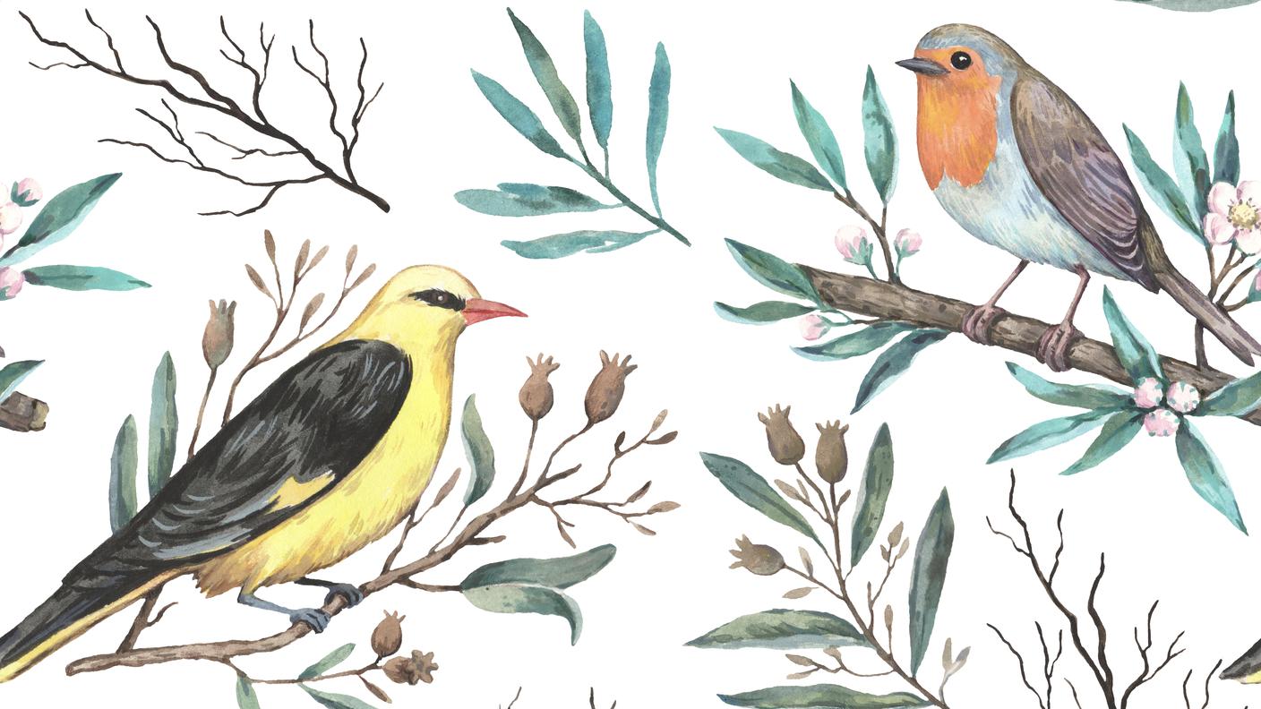 birds on blooming branches