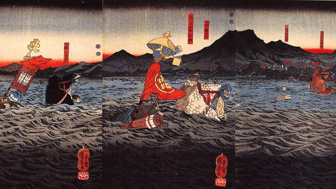 Utagawa Kuniyoshi: Kajiwara Kagesue, Sasaki Takatsuna, and Hatakeyama Shigetada in gara per attraversare il fiume Uji